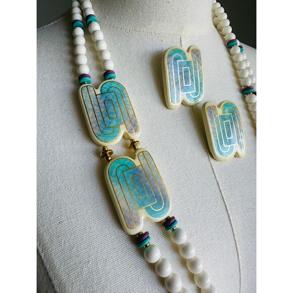 Vintage 80s Necklace/Earring Set Ceramic White Turquoise Happy Fun Accessories - Picture 9 of 9